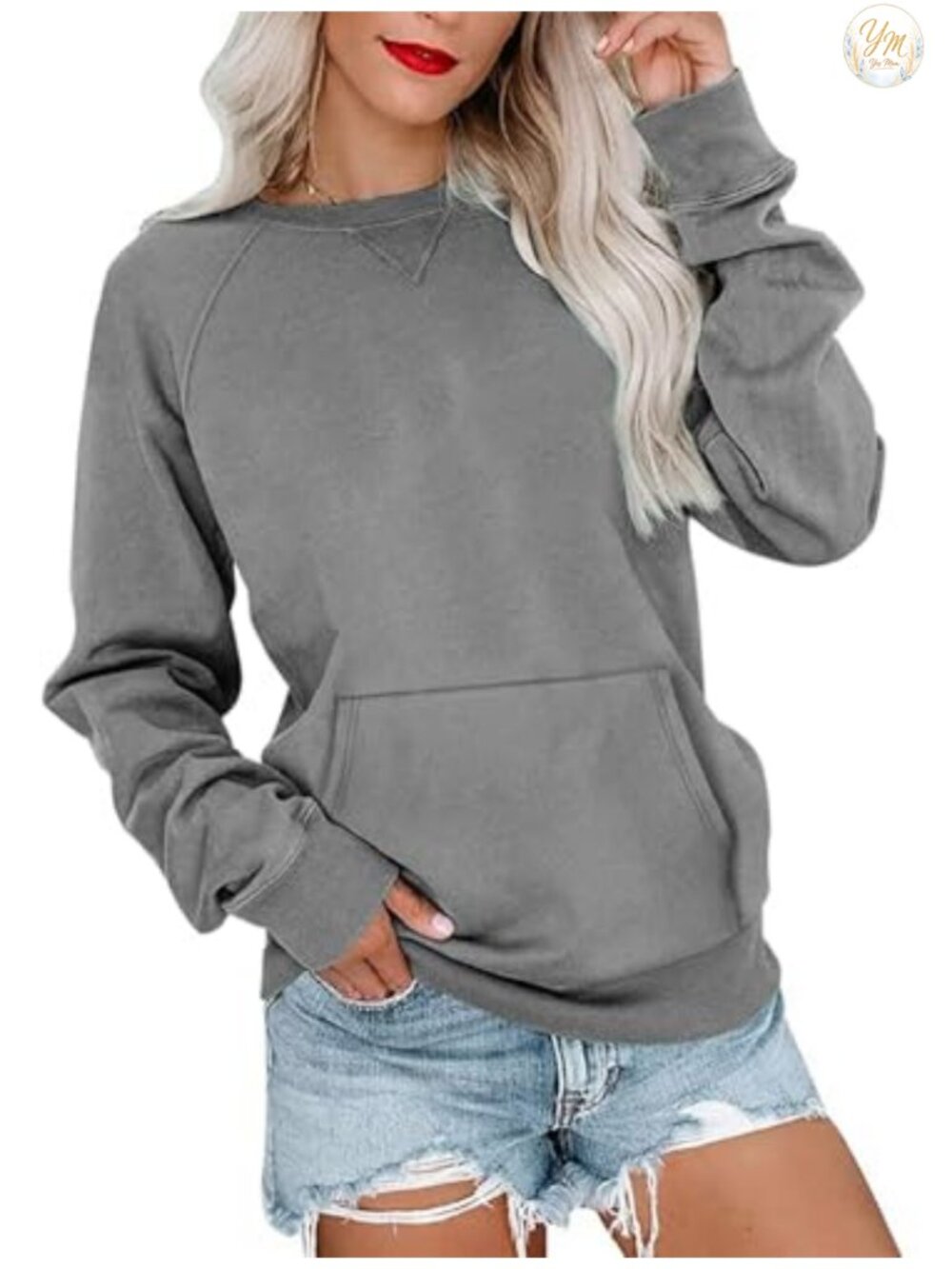 Crewneck Sweatshirt Kangaroo Pocket Lightweight Pullover Women